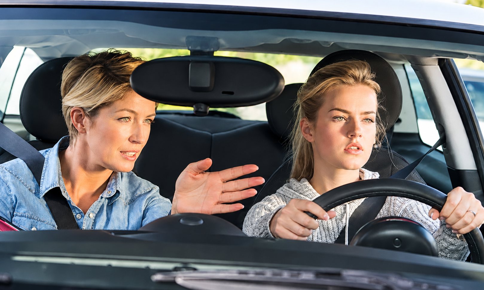 Dans une voiture, une monitrice aux cheveux blonds explique un geste de la main à une jeune conductrice concentrée sur la route, les mains sur le volant.