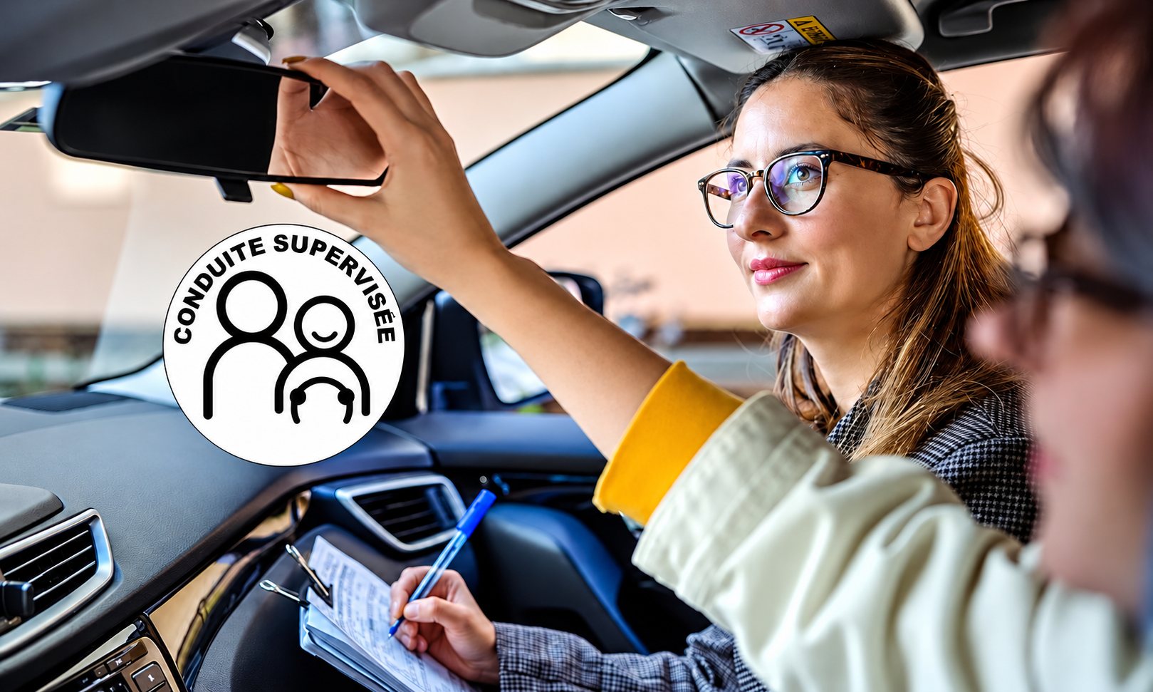 Une jeune femme à lunettes règle le rétroviseur intérieur d’une voiture pendant une leçon de conduite.